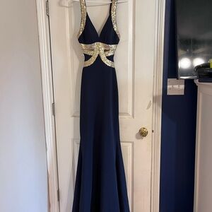 Elegant Navy and Gold Evening Gown